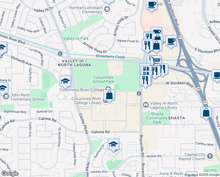 map of restaurants, bars, coffee shops, grocery stores, and more near in Sacramento