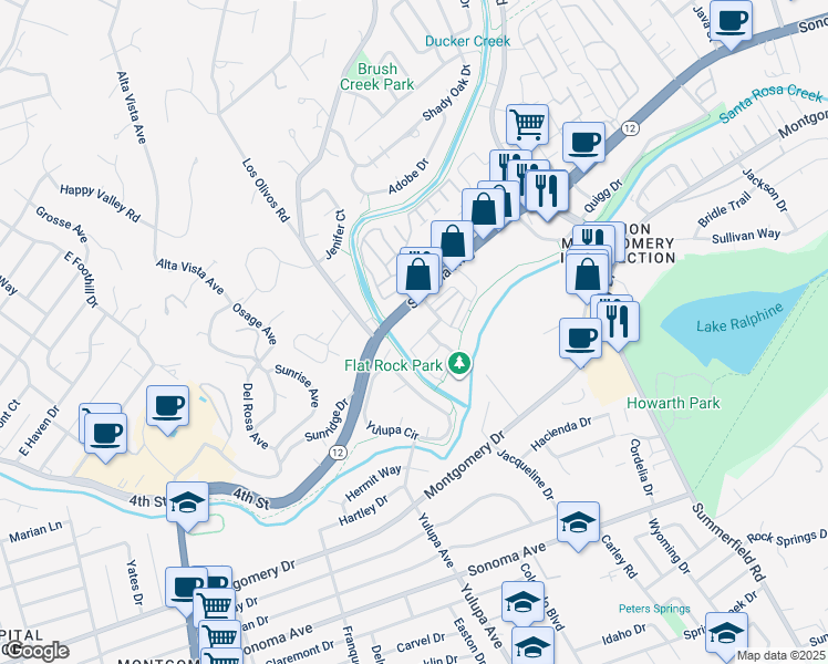 map of restaurants, bars, coffee shops, grocery stores, and more near 4209 Kintyre Road in Santa Rosa