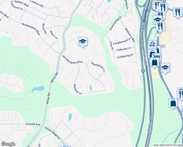 map of restaurants, bars, coffee shops, grocery stores, and more near 125 Northampton Boulevard in Stafford
