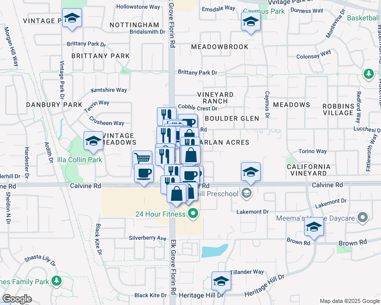 map of restaurants, bars, coffee shops, grocery stores, and more near 8358 Sienna Sand Drive in Sacramento