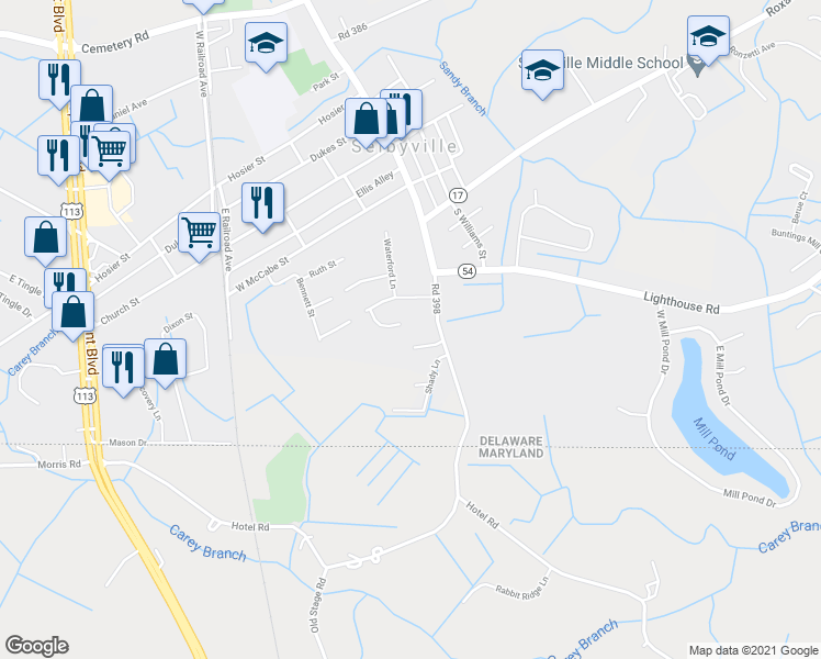 map of restaurants, bars, coffee shops, grocery stores, and more near 10 Brinkley Court in Selbyville