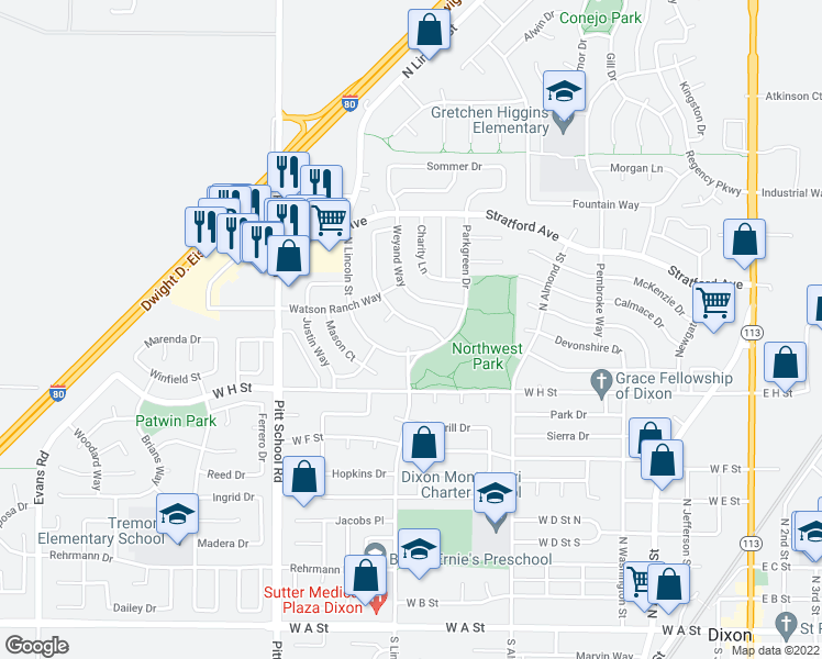 map of restaurants, bars, coffee shops, grocery stores, and more near 945 Dawson Drive in Dixon