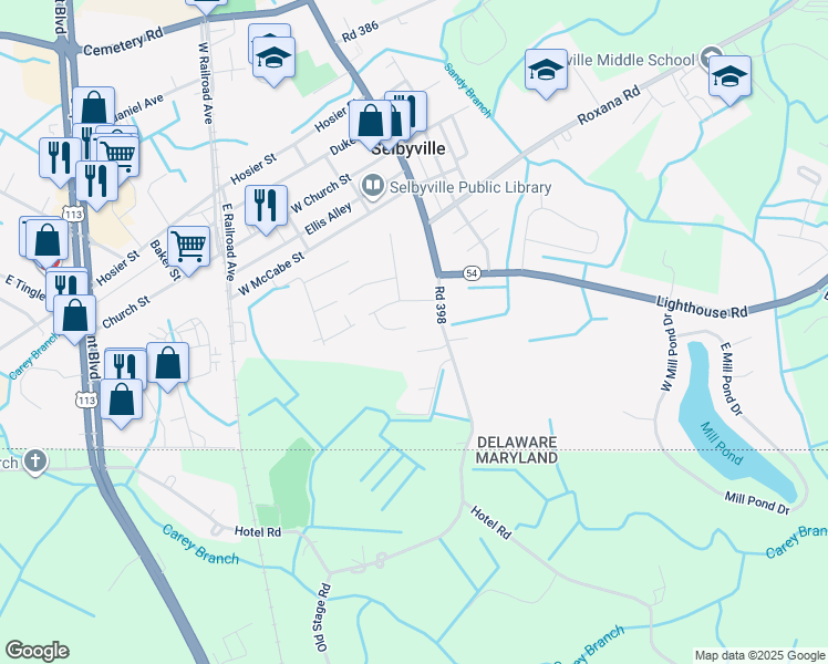map of restaurants, bars, coffee shops, grocery stores, and more near 10 Brinkley Court in Selbyville