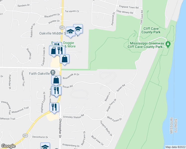 map of restaurants, bars, coffee shops, grocery stores, and more near 1618 Boardwalk Place in St. Louis