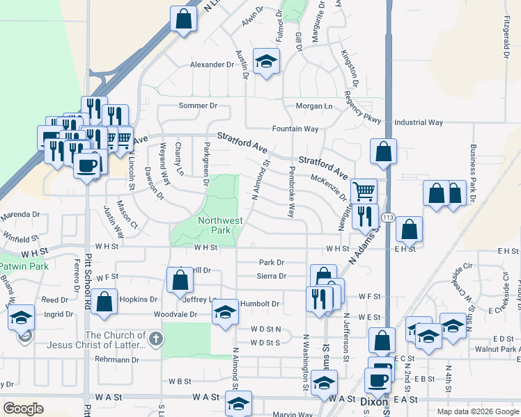 map of restaurants, bars, coffee shops, grocery stores, and more near 670 Devonshire Drive in Dixon