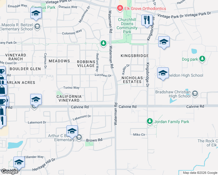 map of restaurants, bars, coffee shops, grocery stores, and more near 9257 Fosdyke Court in Sacramento