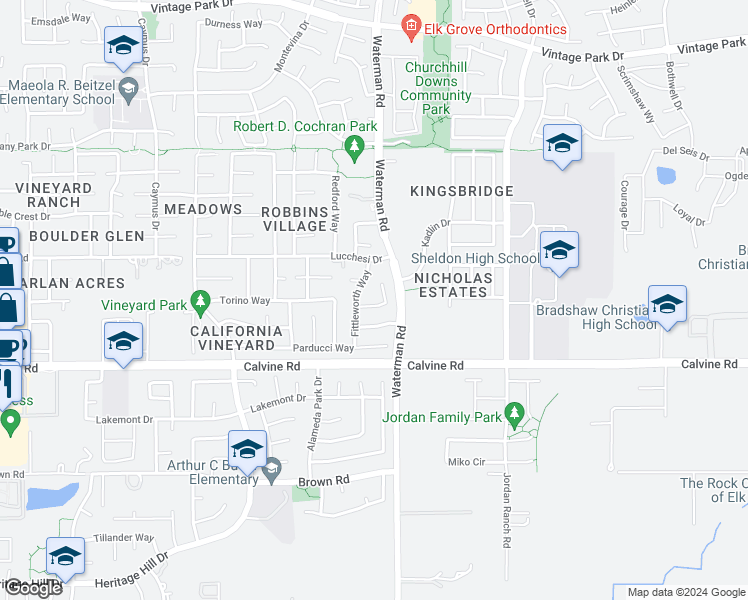 map of restaurants, bars, coffee shops, grocery stores, and more near 9257 Fosdyke Court in Sacramento