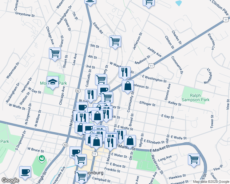 map of restaurants, bars, coffee shops, grocery stores, and more near 566-584 Lee Highway in Harrisonburg