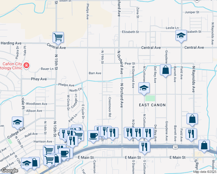 map of restaurants, bars, coffee shops, grocery stores, and more near 537 North Orchard Avenue in Cañon City