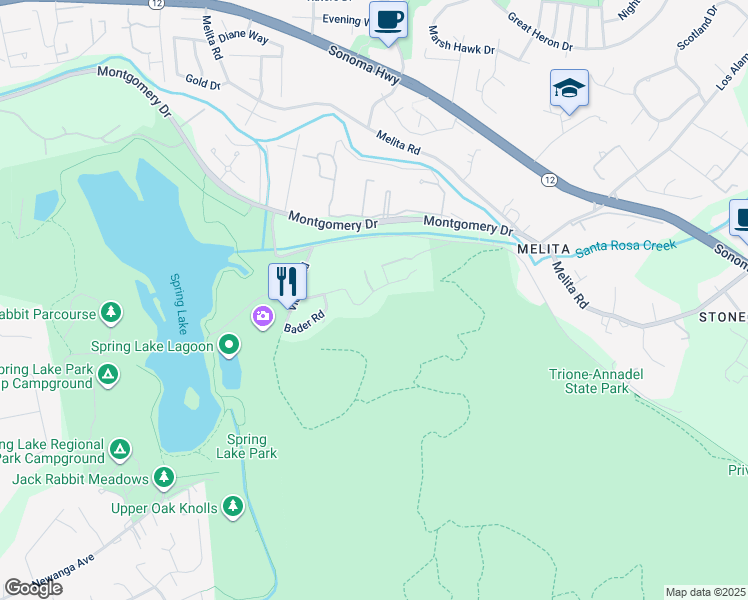 map of restaurants, bars, coffee shops, grocery stores, and more near 5550 Pepperwood Road in Santa Rosa