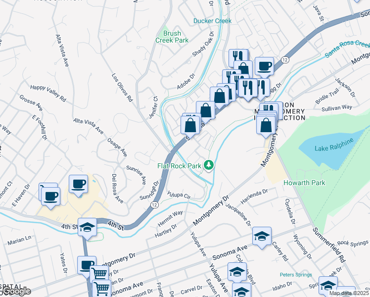 map of restaurants, bars, coffee shops, grocery stores, and more near 4225 Wayvern Drive in Santa Rosa