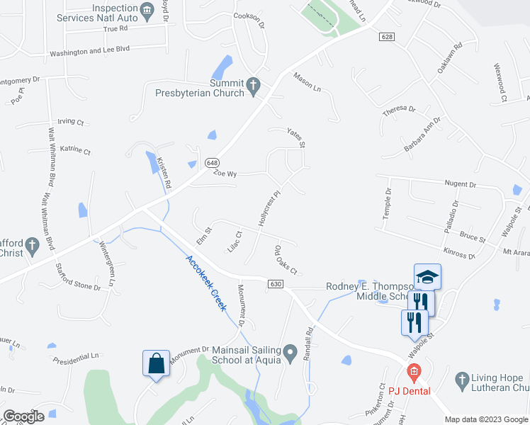 map of restaurants, bars, coffee shops, grocery stores, and more near Hollycrest Place in Stafford County
