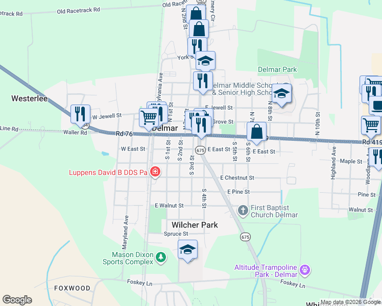 map of restaurants, bars, coffee shops, grocery stores, and more near in Delmar