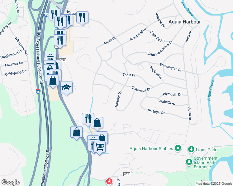 map of restaurants, bars, coffee shops, grocery stores, and more near 1038 Harbour Drive in Stafford