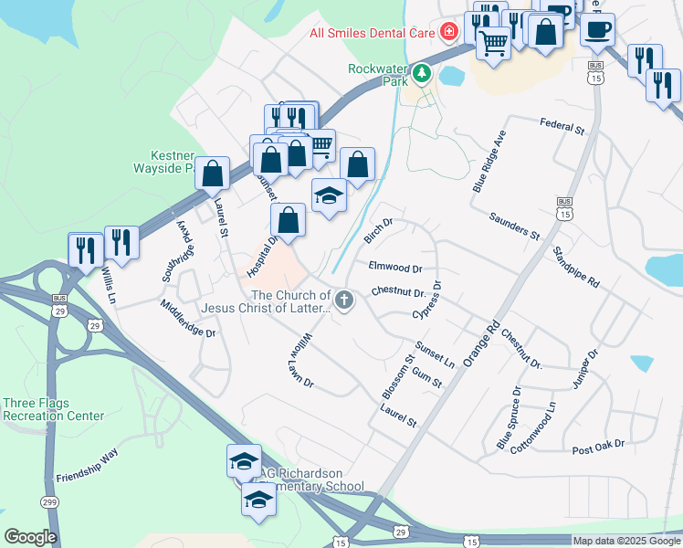 map of restaurants, bars, coffee shops, grocery stores, and more near 500 Sunset Lane in Culpeper