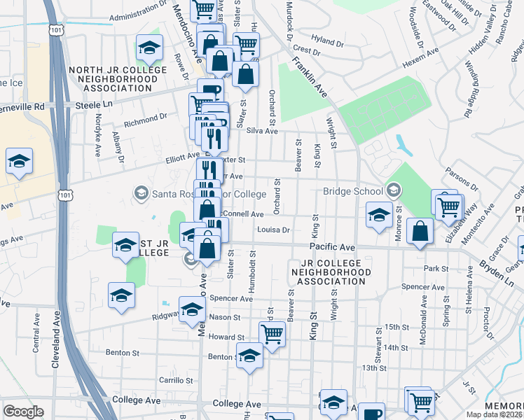 map of restaurants, bars, coffee shops, grocery stores, and more near 1577 Orchard Street in Santa Rosa