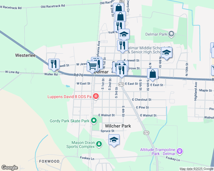map of restaurants, bars, coffee shops, grocery stores, and more near 113 East East Street in Delmar