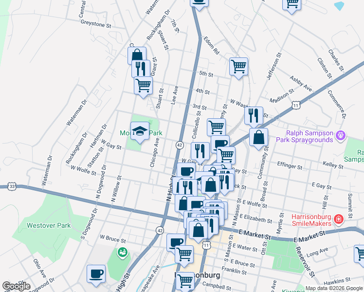 map of restaurants, bars, coffee shops, grocery stores, and more near 511 Virginia Avenue in Harrisonburg