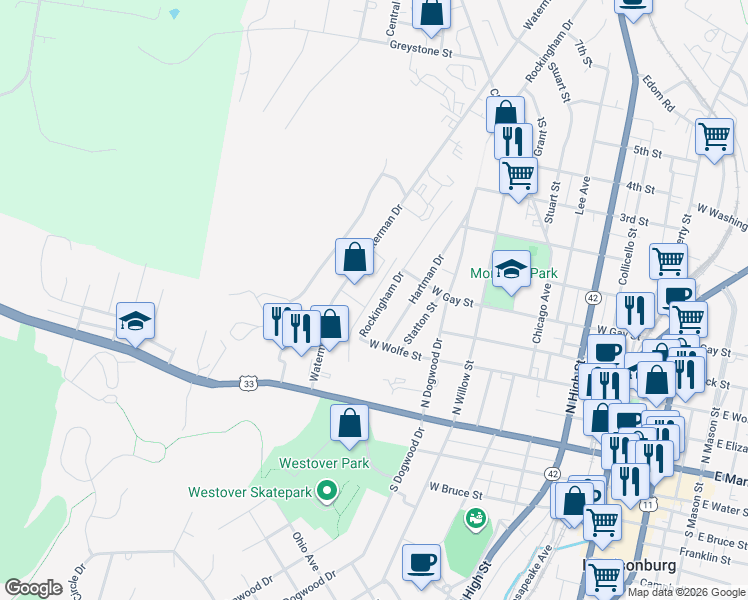 map of restaurants, bars, coffee shops, grocery stores, and more near 319 Rockingham Dr in Harrisonburg