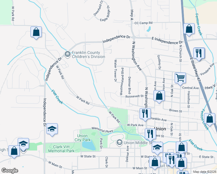 map of restaurants, bars, coffee shops, grocery stores, and more near 439 Water Tower Drive in Union
