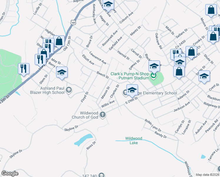 map of restaurants, bars, coffee shops, grocery stores, and more near 3100-3398 McClelland Street in Ashland