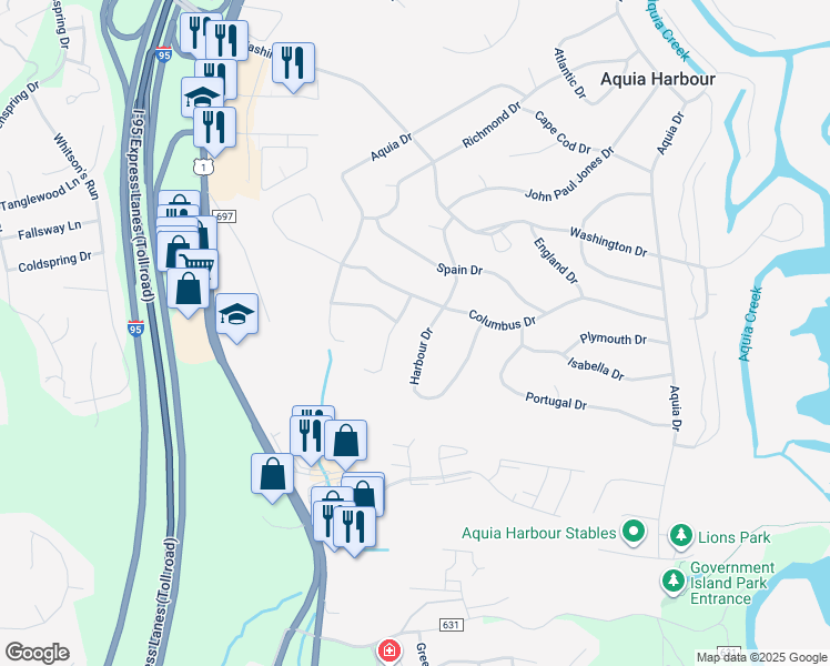 map of restaurants, bars, coffee shops, grocery stores, and more near 1038 Harbour Drive in Stafford