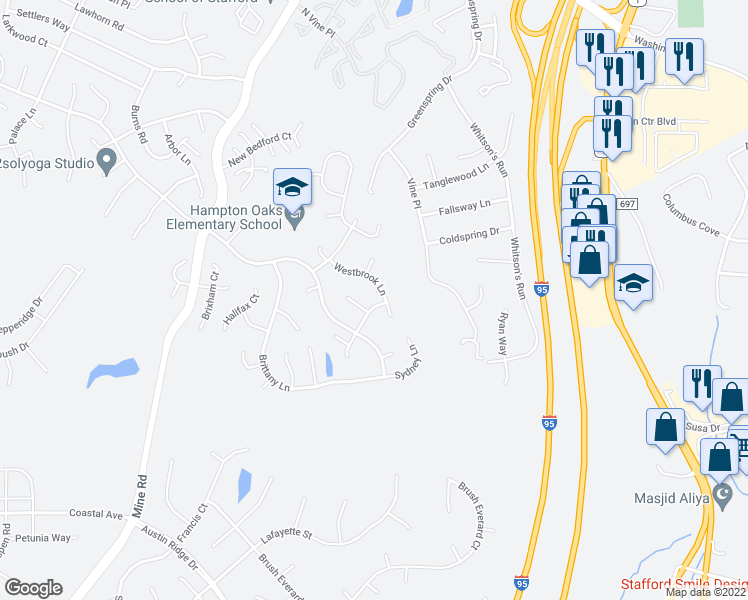 map of restaurants, bars, coffee shops, grocery stores, and more near 9 Brantford Drive in Stafford