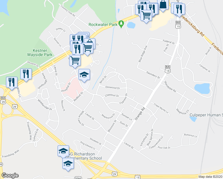 map of restaurants, bars, coffee shops, grocery stores, and more near 305 Elmwood Drive in Culpeper