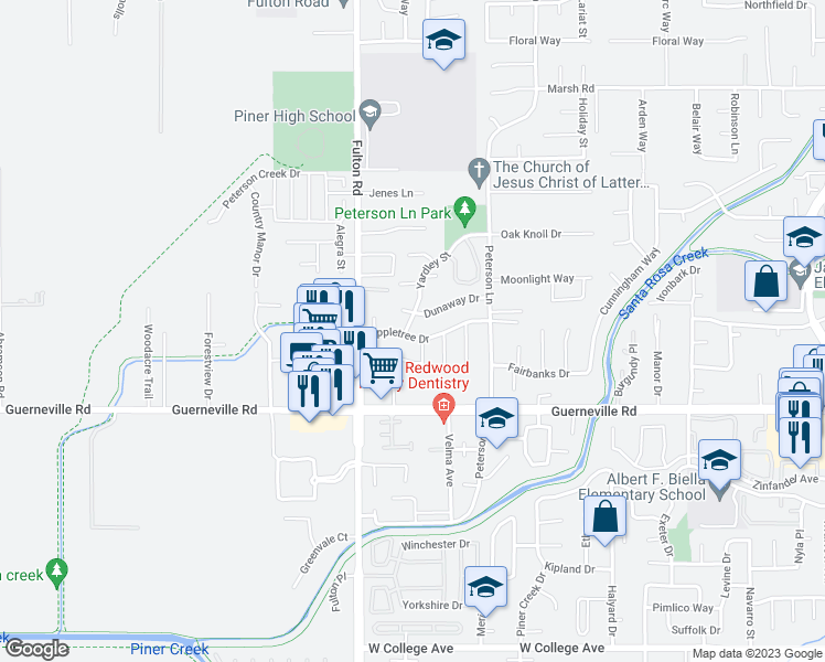 map of restaurants, bars, coffee shops, grocery stores, and more near 2445 Appletree Drive in Santa Rosa