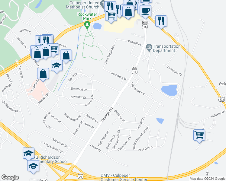 map of restaurants, bars, coffee shops, grocery stores, and more near 117 Aberdeen Drive in Culpeper