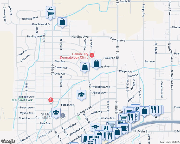 map of restaurants, bars, coffee shops, grocery stores, and more near 555 Yale Place in Cañon City