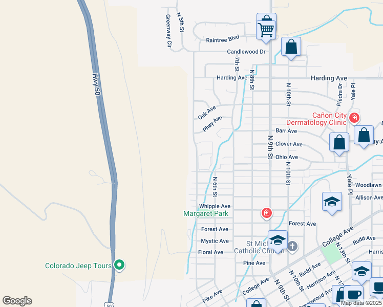map of restaurants, bars, coffee shops, grocery stores, and more near 1885 North 5th Street in Cañon City