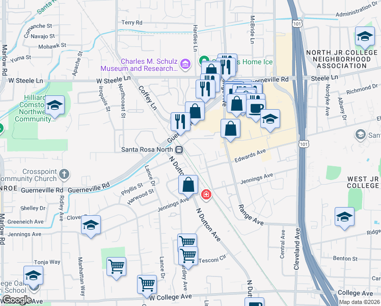 map of restaurants, bars, coffee shops, grocery stores, and more near 1488 Guerneville Road in Santa Rosa