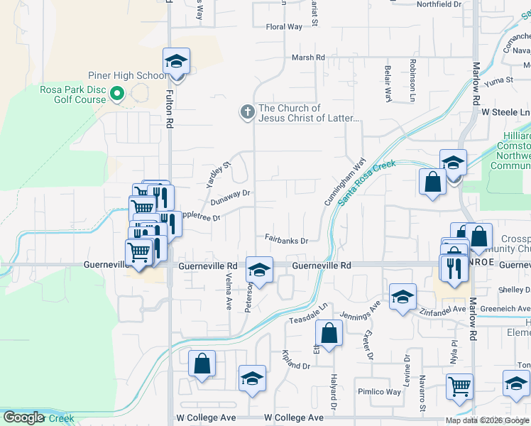 map of restaurants, bars, coffee shops, grocery stores, and more near 2391 Laylani Court in Santa Rosa