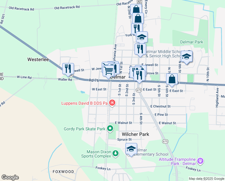 map of restaurants, bars, coffee shops, grocery stores, and more near in Delmar