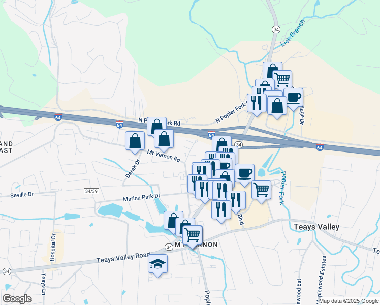 map of restaurants, bars, coffee shops, grocery stores, and more near 136 Mount Vernon Lane in Hurricane