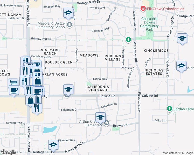 map of restaurants, bars, coffee shops, grocery stores, and more near 9128 Greco Court in Sacramento