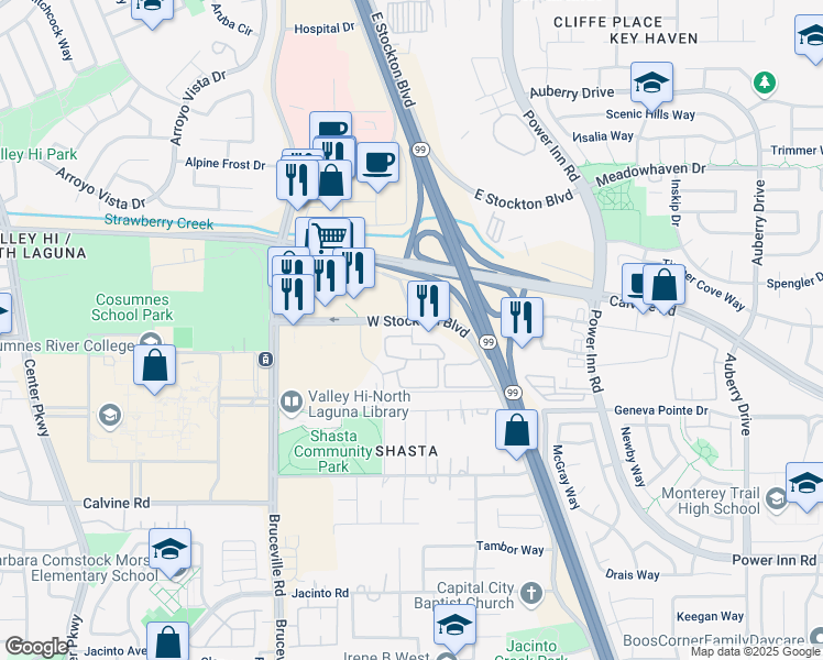 map of restaurants, bars, coffee shops, grocery stores, and more near 7640 West Stockton Boulevard in Sacramento