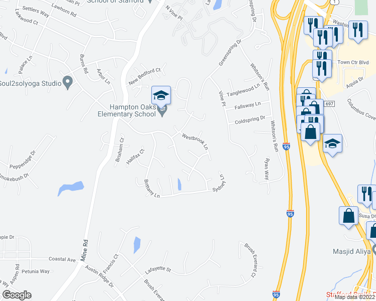 map of restaurants, bars, coffee shops, grocery stores, and more near 14 Hampshire Court in Stafford