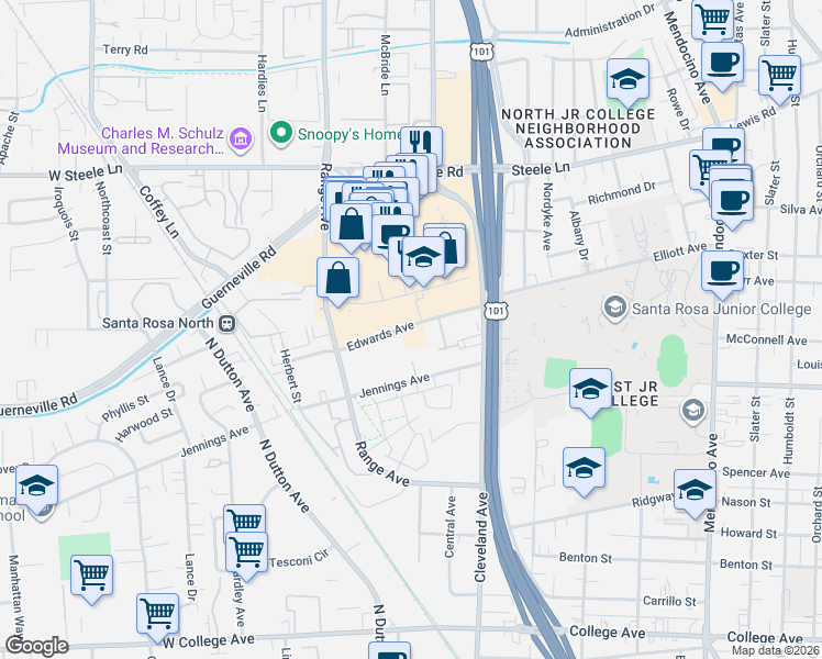 map of restaurants, bars, coffee shops, grocery stores, and more near 1150 Coddingtown Center in Santa Rosa