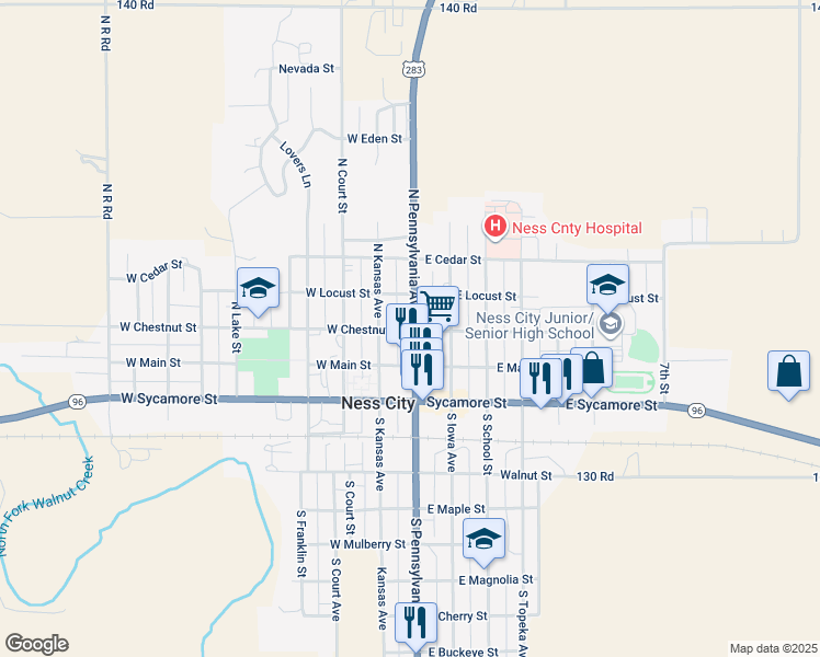 map of restaurants, bars, coffee shops, grocery stores, and more near 207 South Pennsylvania Avenue in Ness City