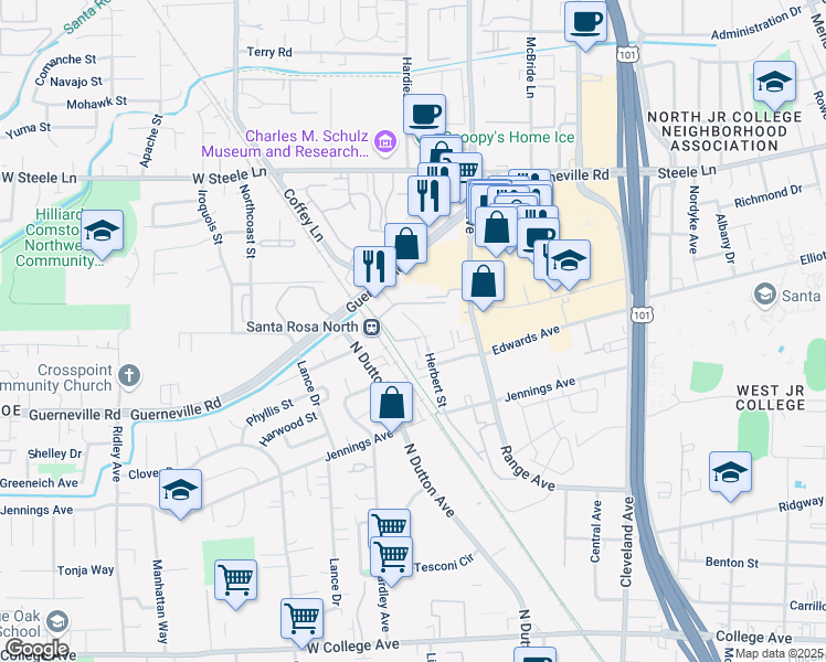 map of restaurants, bars, coffee shops, grocery stores, and more near 2001 Range Avenue in Santa Rosa