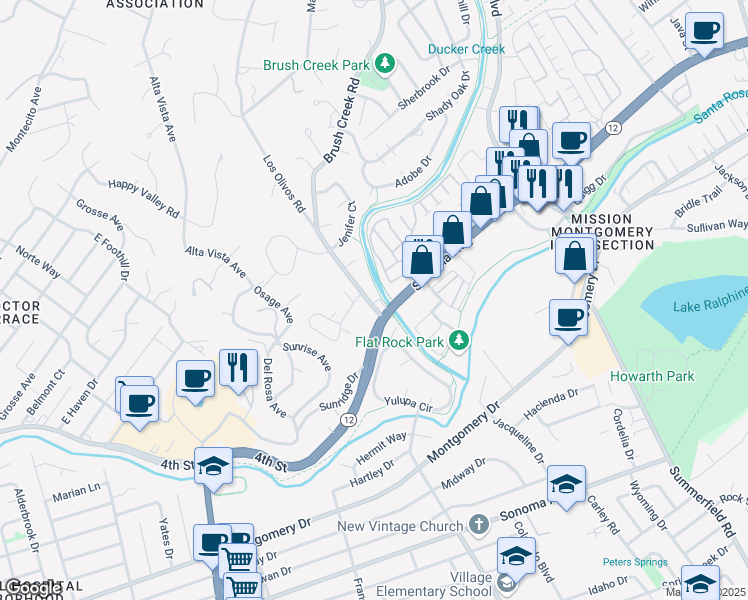 map of restaurants, bars, coffee shops, grocery stores, and more near 155 Larkspur Drive in Santa Rosa