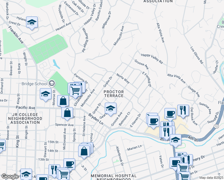 map of restaurants, bars, coffee shops, grocery stores, and more near 2200 Grace Drive in Santa Rosa