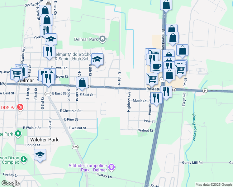 map of restaurants, bars, coffee shops, grocery stores, and more near 1001 East State Street in Delmar