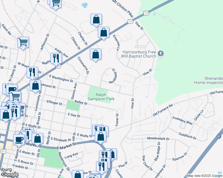 map of restaurants, bars, coffee shops, grocery stores, and more near 439 Northfield Court in Harrisonburg