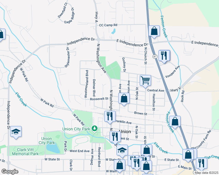 map of restaurants, bars, coffee shops, grocery stores, and more near 1101 North Washington Avenue in Union