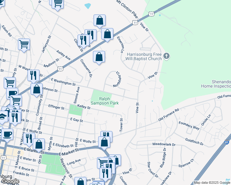 map of restaurants, bars, coffee shops, grocery stores, and more near 439 Northfield Court in Harrisonburg