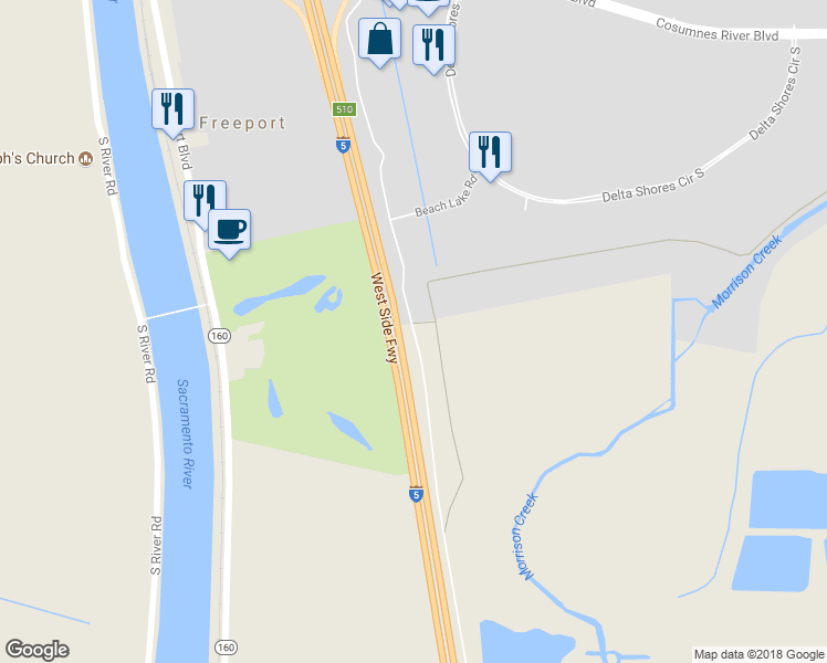 map of restaurants, bars, coffee shops, grocery stores, and more near Beach Lake Road in Sacramento