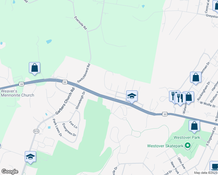 map of restaurants, bars, coffee shops, grocery stores, and more near 101 Brookside Place in Harrisonburg